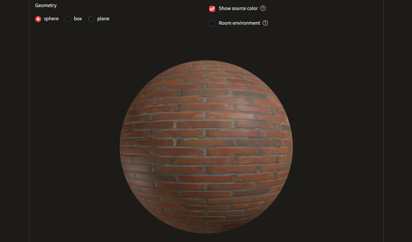 Visor 3D de MatForge aplicando los mapas de ladrillo sobre una esfera: superficie rugosa con iluminación difusa y relieve perceptible
