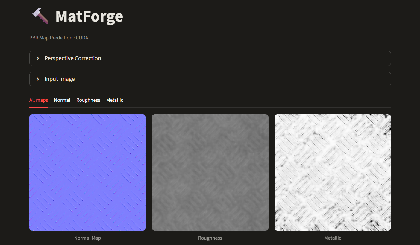 Los tres mapas PBR generados por MatForge: Normal (azul), Roughness (gris), Metallic