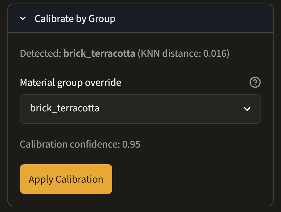 MatForge: clasificador de material detectando automáticamente brick_terracotta con confianza 0.95