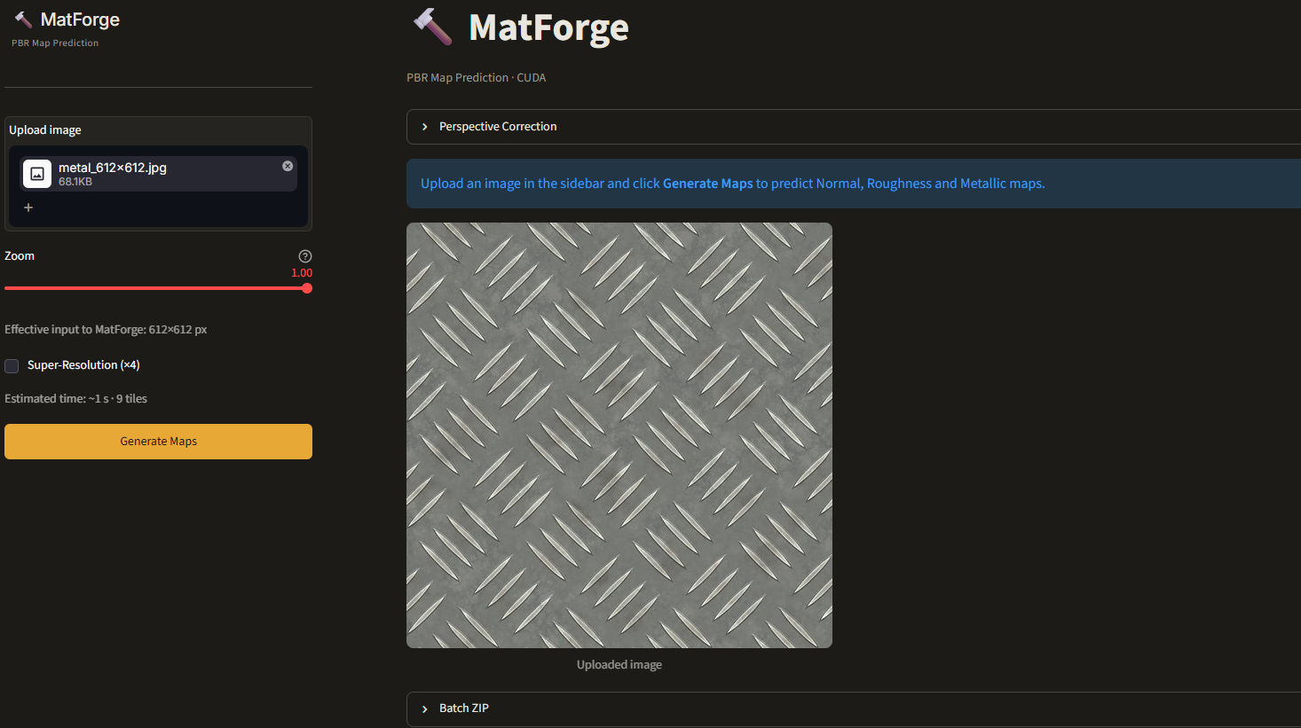 Interfaz principal de MatForge con imagen metálica lista para generar mapas