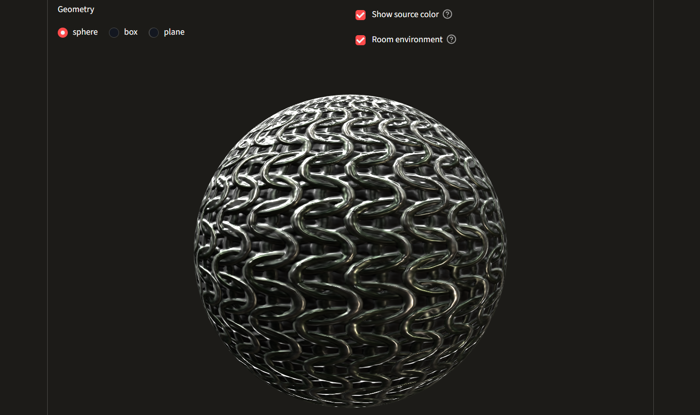 Visor 3D de MatForge aplicando los mapas generados sobre una esfera: reflejo metálico brillante del tejido de anillos