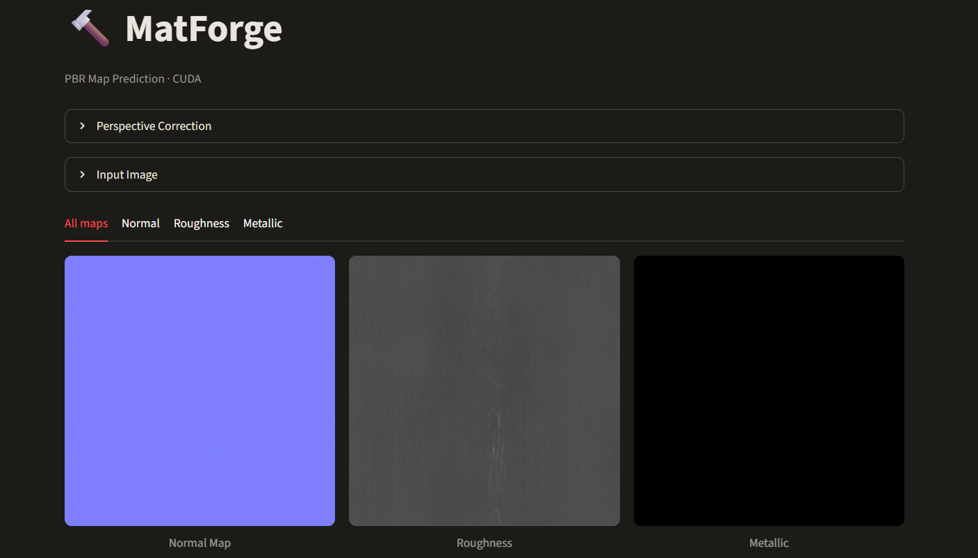 Mapas PBR generados por MatForge desde una textura de madera oscura lisa: Normal con veta, Roughness suave, Metallic negro por ser dieléctrico