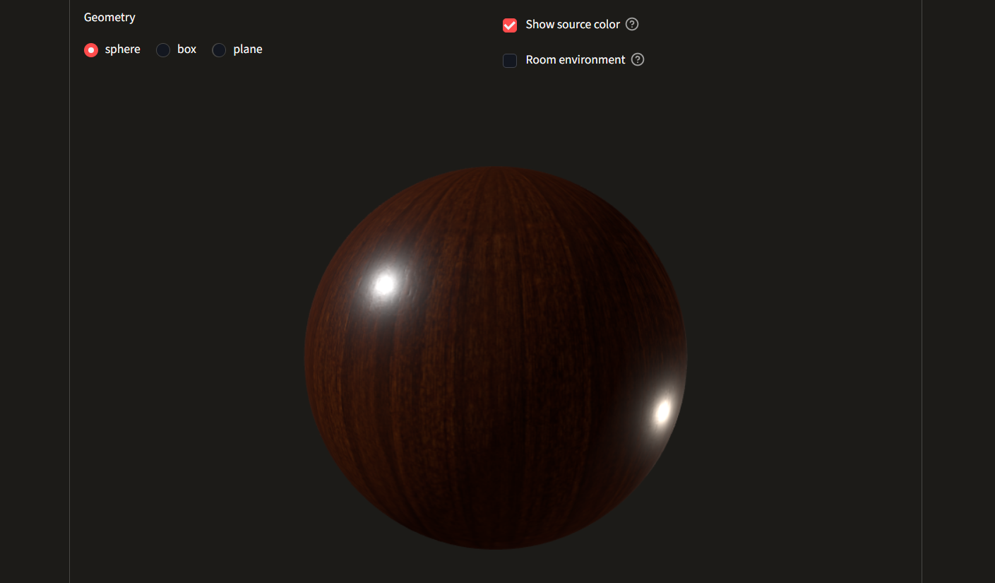 Visor 3D de MatForge aplicando los mapas de madera oscura sobre una esfera: acabado lacado con reflexión difusa y puntos especulares